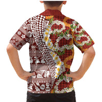 Hawaiian Plumeria Lei Family Matching Mermaid Dress and Hawaiian Shirt Kakau Motifs and Palaka Half Style Red Color - Polynesian Pride