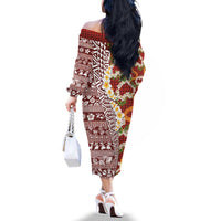 Hawaiian Plumeria Lei Family Matching Off The Shoulder Long Sleeve Dress and Hawaiian Shirt Kakau Motifs and Palaka Half Style Red Color - Polynesian Pride