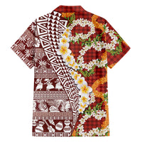 Hawaiian Plumeria Lei Family Matching Off Shoulder Short Dress and Hawaiian Shirt Kakau Motifs and Palaka Half Style Red Color LT03 - Polynesian Pride