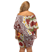 Hawaiian Plumeria Lei Family Matching Off Shoulder Short Dress and Hawaiian Shirt Kakau Motifs and Palaka Half Style Red Color - Polynesian Pride
