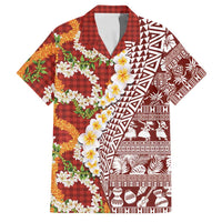 Hawaiian Plumeria Lei Family Matching Puletasi and Hawaiian Shirt Kakau Motifs and Palaka Half Style Red Color - Polynesian Pride