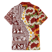 Hawaiian Plumeria Lei Family Matching Puletasi and Hawaiian Shirt Kakau Motifs and Palaka Half Style Red Color - Polynesian Pride