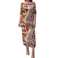 Hawaiian Plumeria Lei Family Matching Puletasi and Hawaiian Shirt Kakau Motifs and Palaka Half Style Red Color - Polynesian Pride