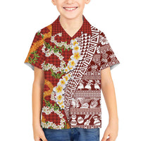Hawaiian Plumeria Lei Family Matching Puletasi and Hawaiian Shirt Kakau Motifs and Palaka Half Style Red Color - Polynesian Pride