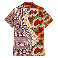 Hawaiian Plumeria Lei Family Matching Short Sleeve Bodycon Dress and Hawaiian Shirt Kakau Motifs and Palaka Half Style Red Color - Polynesian Pride