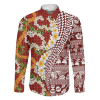 Hawaiian Plumeria Lei Family Matching Short Sleeve Bodycon Dress and Hawaiian Shirt Kakau Motifs and Palaka Half Style Red Color LT03 Dad's Shirt - Long Sleeve Red - Polynesian Pride