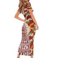 Hawaiian Plumeria Lei Family Matching Short Sleeve Bodycon Dress and Hawaiian Shirt Kakau Motifs and Palaka Half Style Red Color - Polynesian Pride