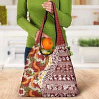 Hawaiian Plumeria Lei Grocery Bag Kakau Motifs and Palaka Half Style Red Color - Polynesian Pride