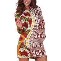 Hawaiian Plumeria Lei Hoodie Dress Kakau Motifs and Palaka Half Style Red Color - Polynesian Pride