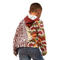 Hawaiian Plumeria Lei Kid Hoodie Kakau Motifs and Palaka Half Style Red Color - Polynesian Pride