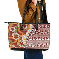 Hawaiian Plumeria Lei Leather Tote Bag Kakau Motifs and Palaka Half Style Red Color - Polynesian Pride
