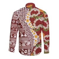 Hawaiian Plumeria Lei Long Sleeve Button Shirt Kakau Motifs and Palaka Half Style Red Color - Polynesian Pride