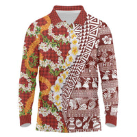 Hawaiian Plumeria Lei Long Sleeve Polo Shirt Kakau Motifs and Palaka Half Style Red Color - Polynesian Pride