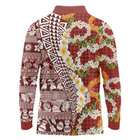 Hawaiian Plumeria Lei Long Sleeve Polo Shirt Kakau Motifs and Palaka Half Style Red Color - Polynesian Pride