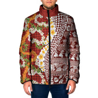 Hawaiian Plumeria Lei Padded Jacket Kakau Motifs and Palaka Half Style Red Color - Polynesian Pride