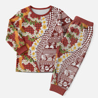 Hawaiian Plumeria Lei Christmas Pajama Set Kakau Motifs and Palaka Half Style Red Color - Polynesian Pride