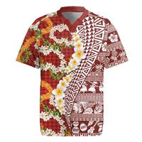 Hawaiian Plumeria Lei Rugby Jersey Kakau Motifs and Palaka Half Style Red Color - Polynesian Pride