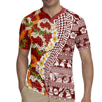 Hawaiian Plumeria Lei Rugby Jersey Kakau Motifs and Palaka Half Style Red Color - Polynesian Pride
