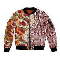 Hawaiian Plumeria Lei Sleeve Zip Bomber Jacket Kakau Motifs and Palaka Half Style Red Color - Polynesian Pride
