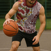 Hawaiian Plumeria Lei Sleeveless Hoodie Kakau Motifs and Palaka Half Style Red Color - Polynesian Pride