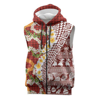 Hawaiian Plumeria Lei Sleeveless Zip Hoodie Kakau Motifs and Palaka Half Style Red Color - Polynesian Pride