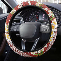 Hawaiian Plumeria Lei Steering Wheel Cover Kakau Motifs and Palaka Half Style Red Color - Polynesian Pride