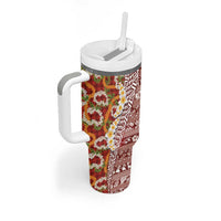 Hawaiian Plumeria Lei Tumbler With Handle Kakau Motifs and Palaka Half Style Red Color - Polynesian Pride
