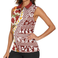 Hawaiian Plumeria Lei Women Sleeveless Polo Shirt Kakau Motifs and Palaka Half Style Red Color - Polynesian Pride