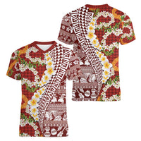 Hawaiian Plumeria Lei Women V-Neck T-Shirt Kakau Motifs and Palaka Half Style Red Color - Polynesian Pride