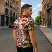 Hawaiian Plumeria Lei Zipper Polo Shirt Kakau Motifs and Palaka Half Style Red Color - Polynesian Pride