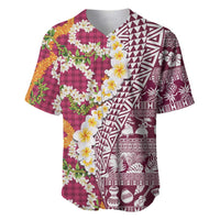 Hawaiian Plumeria Lei Baseball Jersey Kakau Motifs and Palaka Half Style Pink Color - Polynesian Pride