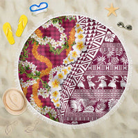 Hawaiian Plumeria Lei Beach Blanket Kakau Motifs and Palaka Half Style Pink Color LT03 One Size 150cm Pink - Polynesian Pride