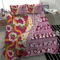 Hawaiian Plumeria Lei Bedding Set Kakau Motifs and Palaka Half Style Pink Color - Polynesian Pride