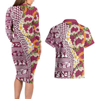 Hawaiian Plumeria Lei Couples Matching Long Sleeve Bodycon Dress and Hawaiian Shirt Kakau Motifs and Palaka Half Style Pink Color - Polynesian Pride
