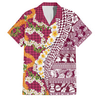 Hawaiian Plumeria Lei Family Matching Long Sleeve Bodycon Dress and Hawaiian Shirt Kakau Motifs and Palaka Half Style Pink Color LT03 Dad's Shirt - Short Sleeve Pink - Polynesian Pride