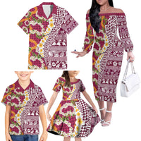 Hawaiian Plumeria Lei Family Matching Off The Shoulder Long Sleeve Dress and Hawaiian Shirt Kakau Motifs and Palaka Half Style Pink Color - Polynesian Pride