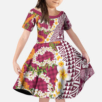 Hawaiian Plumeria Lei Family Matching Off Shoulder Short Dress and Hawaiian Shirt Kakau Motifs and Palaka Half Style Pink Color LT03 Daughter's Dress Pink - Polynesian Pride