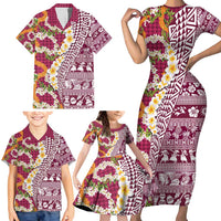 Hawaiian Plumeria Lei Family Matching Short Sleeve Bodycon Dress and Hawaiian Shirt Kakau Motifs and Palaka Half Style Pink Color - Polynesian Pride