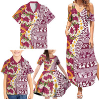 Hawaiian Plumeria Lei Family Matching Summer Maxi Dress and Hawaiian Shirt Kakau Motifs and Palaka Half Style Pink Color - Polynesian Pride