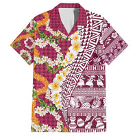 Hawaiian Plumeria Lei Family Matching Summer Maxi Dress and Hawaiian Shirt Kakau Motifs and Palaka Half Style Pink Color - Polynesian Pride
