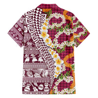 Hawaiian Plumeria Lei Family Matching Summer Maxi Dress and Hawaiian Shirt Kakau Motifs and Palaka Half Style Pink Color - Polynesian Pride