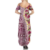 Hawaiian Plumeria Lei Family Matching Summer Maxi Dress and Hawaiian Shirt Kakau Motifs and Palaka Half Style Pink Color - Polynesian Pride