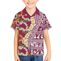 Hawaiian Plumeria Lei Family Matching Summer Maxi Dress and Hawaiian Shirt Kakau Motifs and Palaka Half Style Pink Color - Polynesian Pride