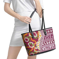 Hawaiian Plumeria Lei Leather Tote Bag Kakau Motifs and Palaka Half Style Pink Color - Polynesian Pride