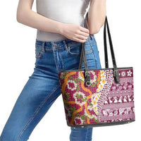 Hawaiian Plumeria Lei Leather Tote Bag Kakau Motifs and Palaka Half Style Pink Color - Polynesian Pride