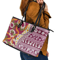Hawaiian Plumeria Lei Leather Tote Bag Kakau Motifs and Palaka Half Style Pink Color - Polynesian Pride