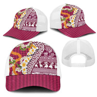 Hawaiian Plumeria Lei Mesh Trucker Cap Kakau Motifs and Palaka Half Style Pink Color - Polynesian Pride