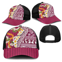 Hawaiian Plumeria Lei Mesh Trucker Cap Kakau Motifs and Palaka Half Style Pink Color - Polynesian Pride