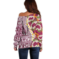 Hawaiian Plumeria Lei Off Shoulder Sweater Kakau Motifs and Palaka Half Style Pink Color - Polynesian Pride