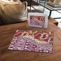 Hawaiian Plumeria Lei Puzzle Kakau Motifs and Palaka Half Style Pink Color - Polynesian Pride